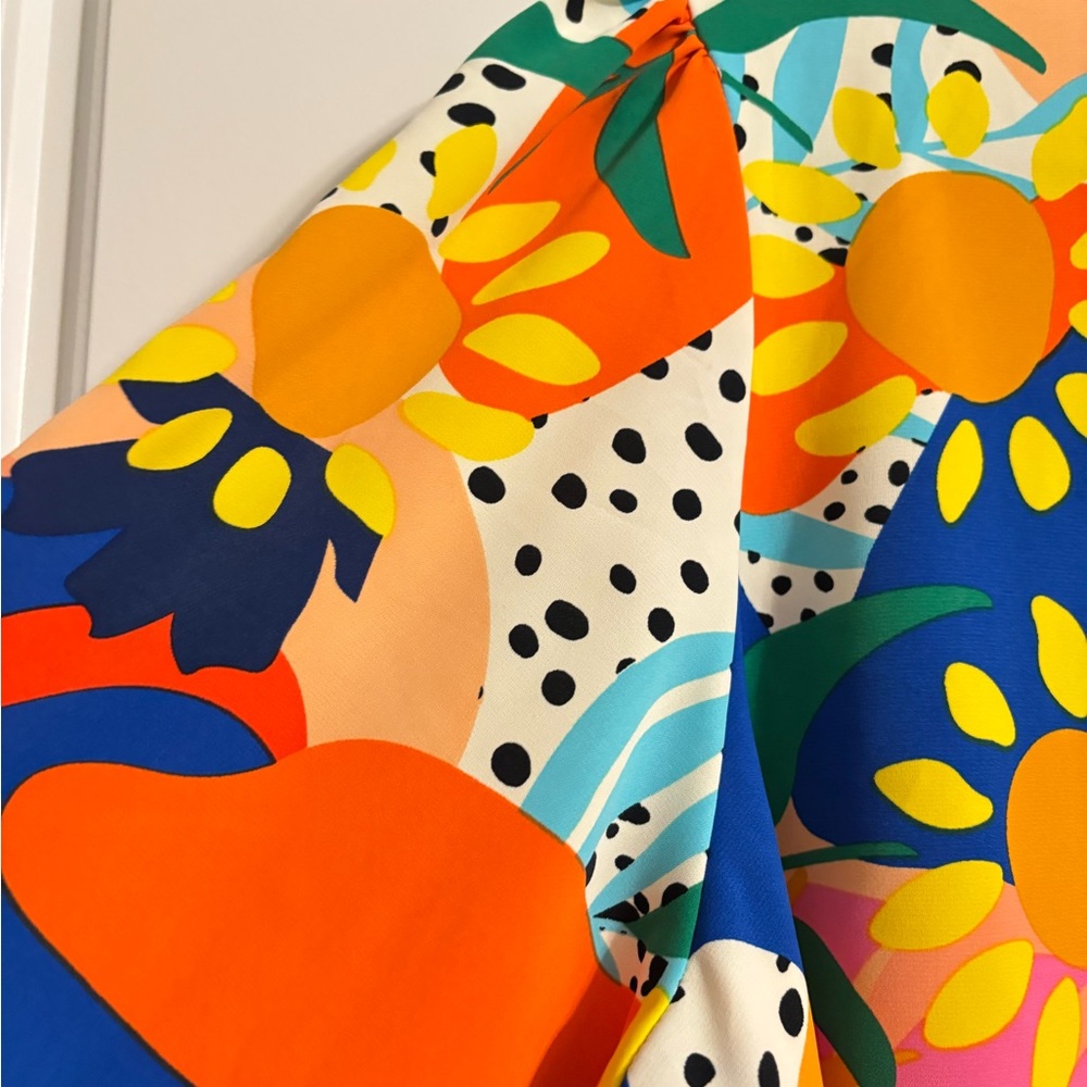 Women’s Boho Abstract Button Down Blouse with puff sleeves and smocked cuffs - Picture 4 of 7